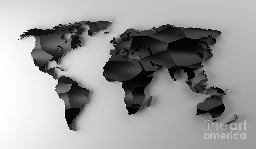 Black Low Poly World Map On White Wall. Modern Wallpaper. Photograph