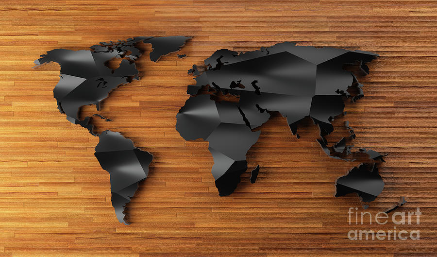 Black Low Poly World Map On Wood. Modern Wallpaper. Photograph