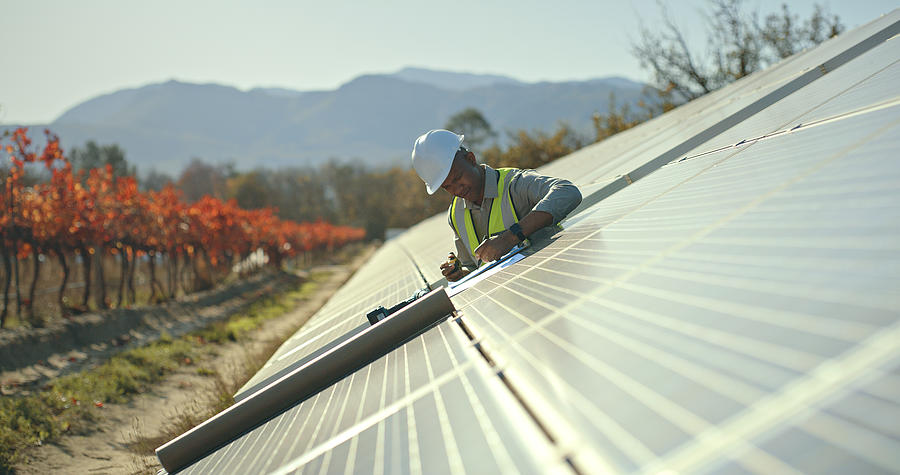 Black man, engineer or solar energy management in electricity sustainability, solar panels or sun grid plant. Worker, employee or technician on renewable energy farm, biodegradable environment or eco Photograph by Marco VDM