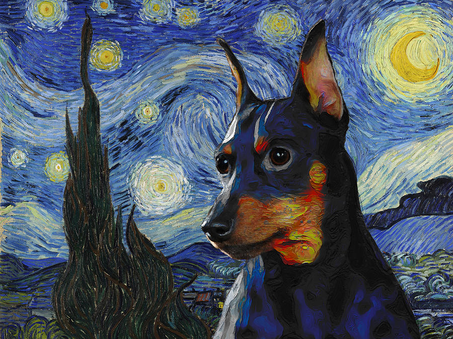Black Miniature Pinscher Min Pin Dog Art Starry Night Van Gogh Miniature Pinscher Dog Print Painting by Sandra Sij