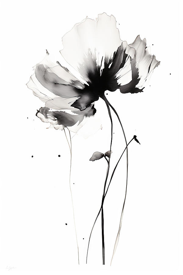 Black Minimalist Flower Painting by Lourry Legarde