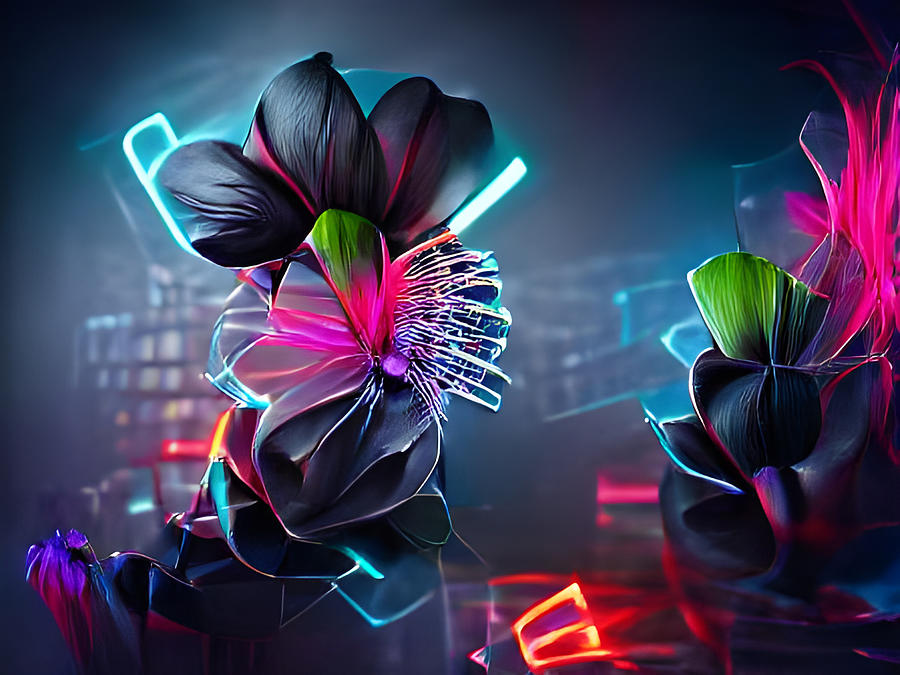 Black Neon Flowers #4 Digital Art by Beverly Read