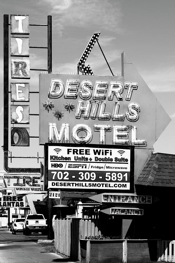 Black And White Photograph - Black Nevada Series - Desert Hills Motel Vegas by Philippe HUGONNARD