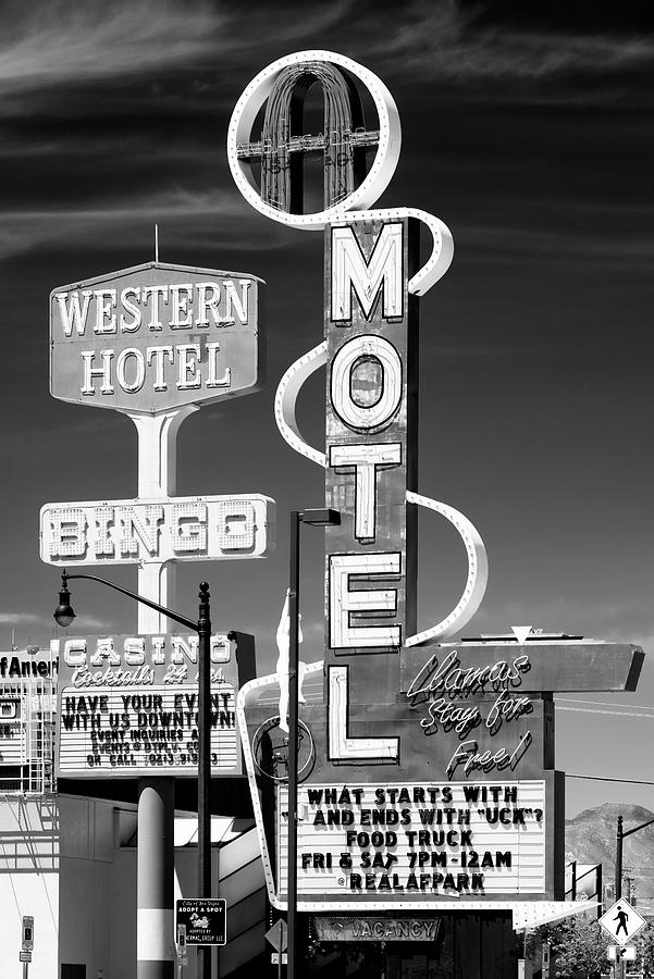 Black And White Photograph - Black Nevada Series - Vegas Bingo Motel by Philippe HUGONNARD