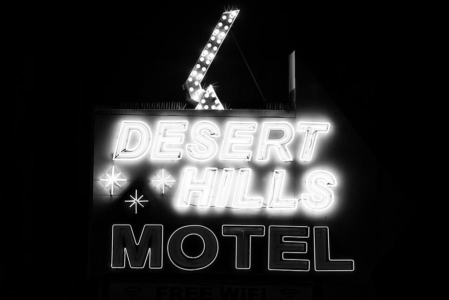 Black And White Photograph - Black Nevada Series - Vegas Desert Hills Motel by Philippe HUGONNARD