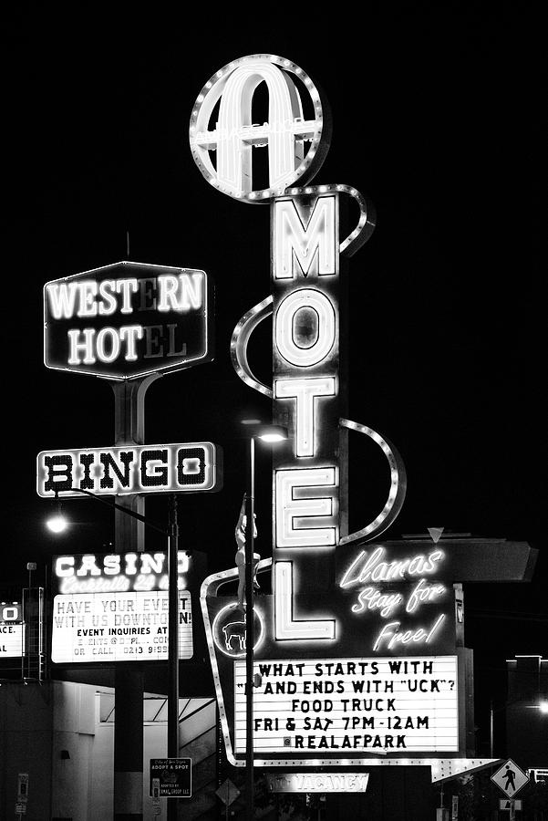 Black And White Photograph - Black Nevada Series - Vegas Motel by Philippe HUGONNARD