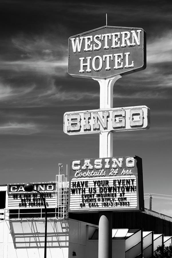 Black And White Photograph - Black Nevada Series - Vegas Western Hotel by Philippe HUGONNARD