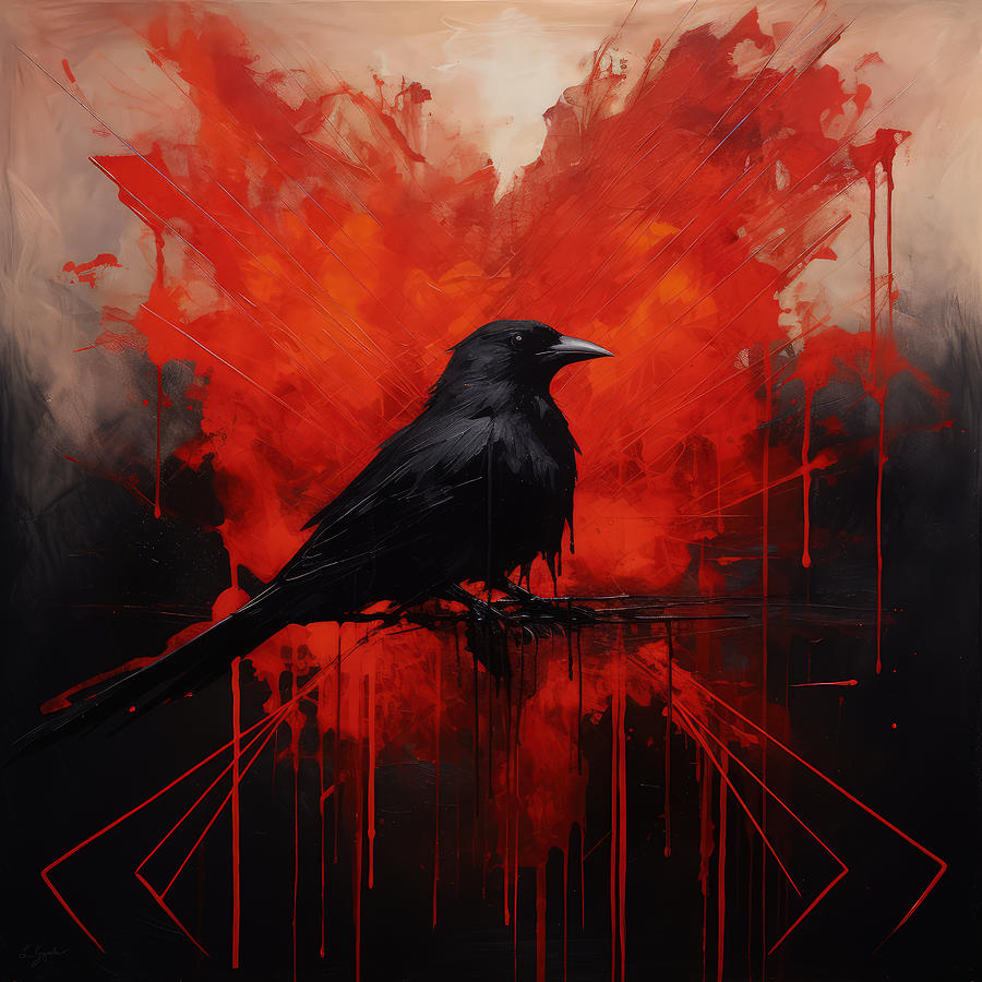 Raven Painting - Black on Red by Lourry Legarde