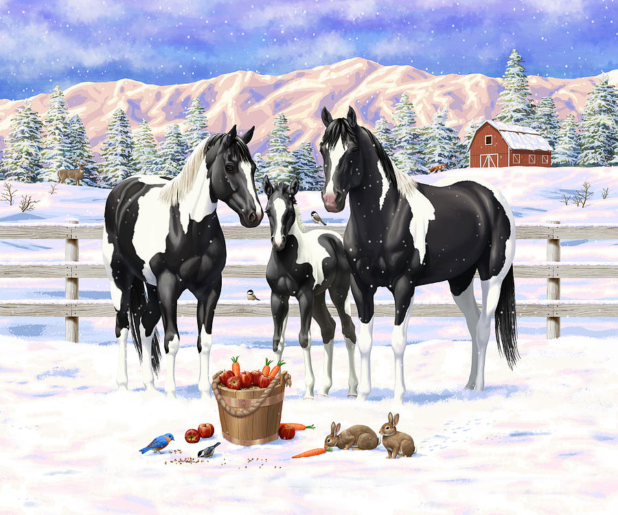 Black Paint Horses In Snow Painting by Crista Forest