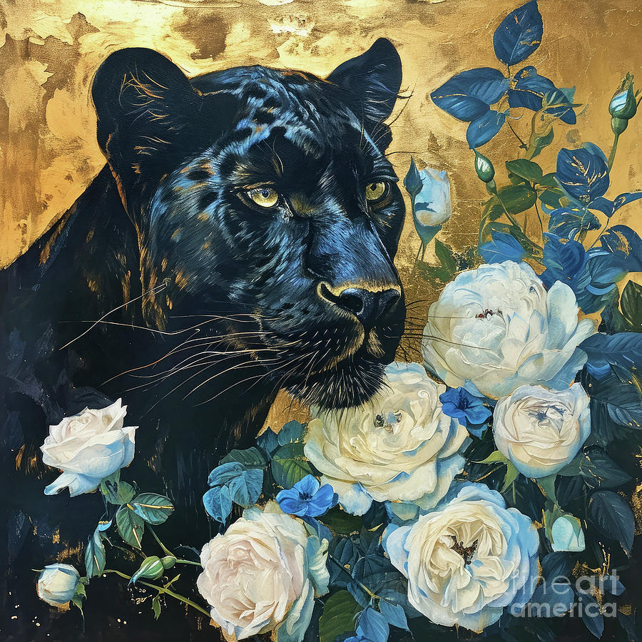 Panther Painting - Black Panther In Roses by Tina LeCour