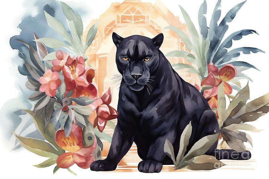 Architecture Painting - Black panther or jaguar on the background of exotic flowers and oriental architecture , Watercolor hand drawn illustration by N Akkash