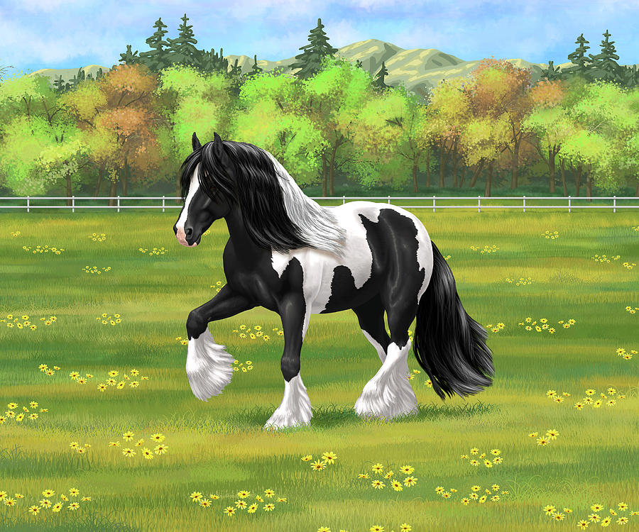 Black Pinto Piebald Gypsy Vanner in Spring Pasture Painting by Crista Forest