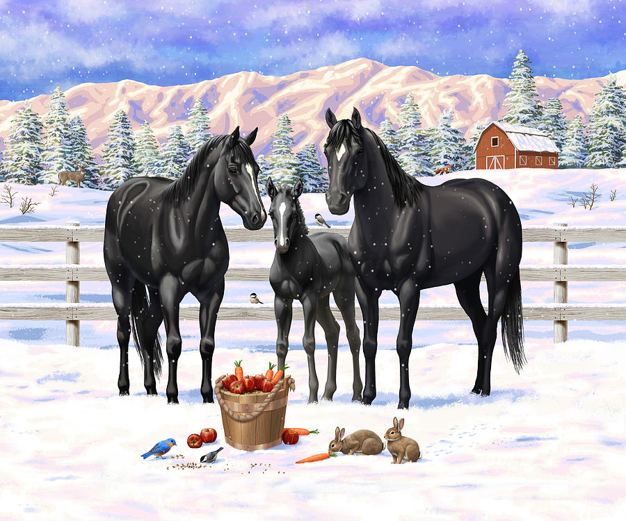 Black Quarter Horses In Snow Painting by Crista Forest
