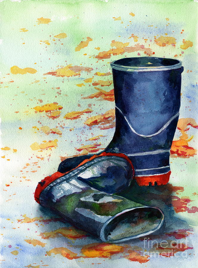 Black Rain Boots with Orange Leaves Painting by H Barnett