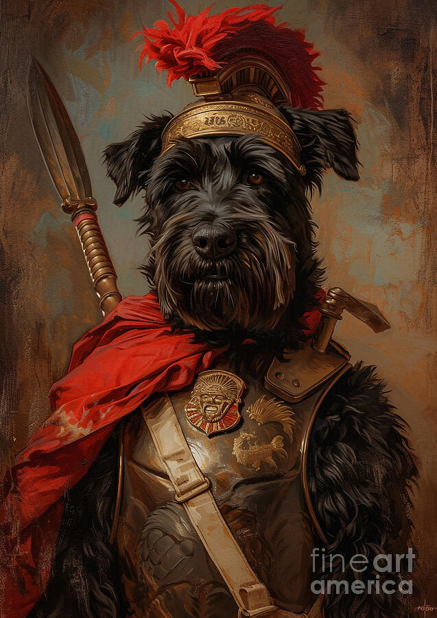 Dog Painting - Black Russian Terrier - equipped as a Roman garrison guard dog, formidable and loyal by Adrien Efren