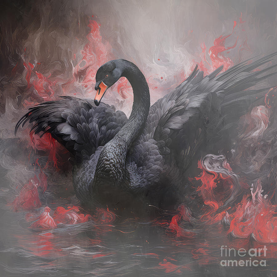 Swan Digital Art - Black Swan in Fiery Lake by Elisabeth Lucas