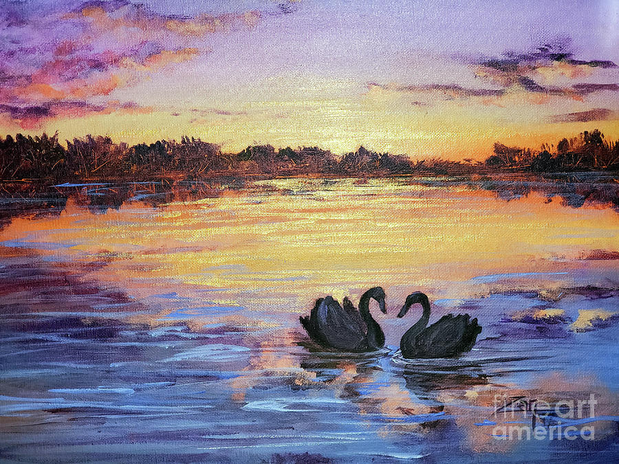 Black Swan Sun Down Painting by Zan Savage