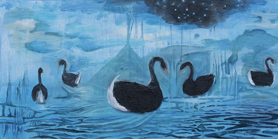 Black Swans around Lake Rotorua Painting by Whitney Palmer
