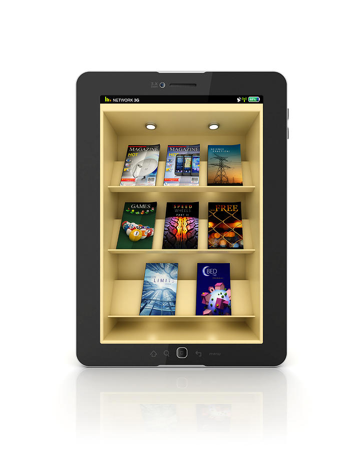 Black tablet showing a book store or library app with shelf Photograph by Pictafolio