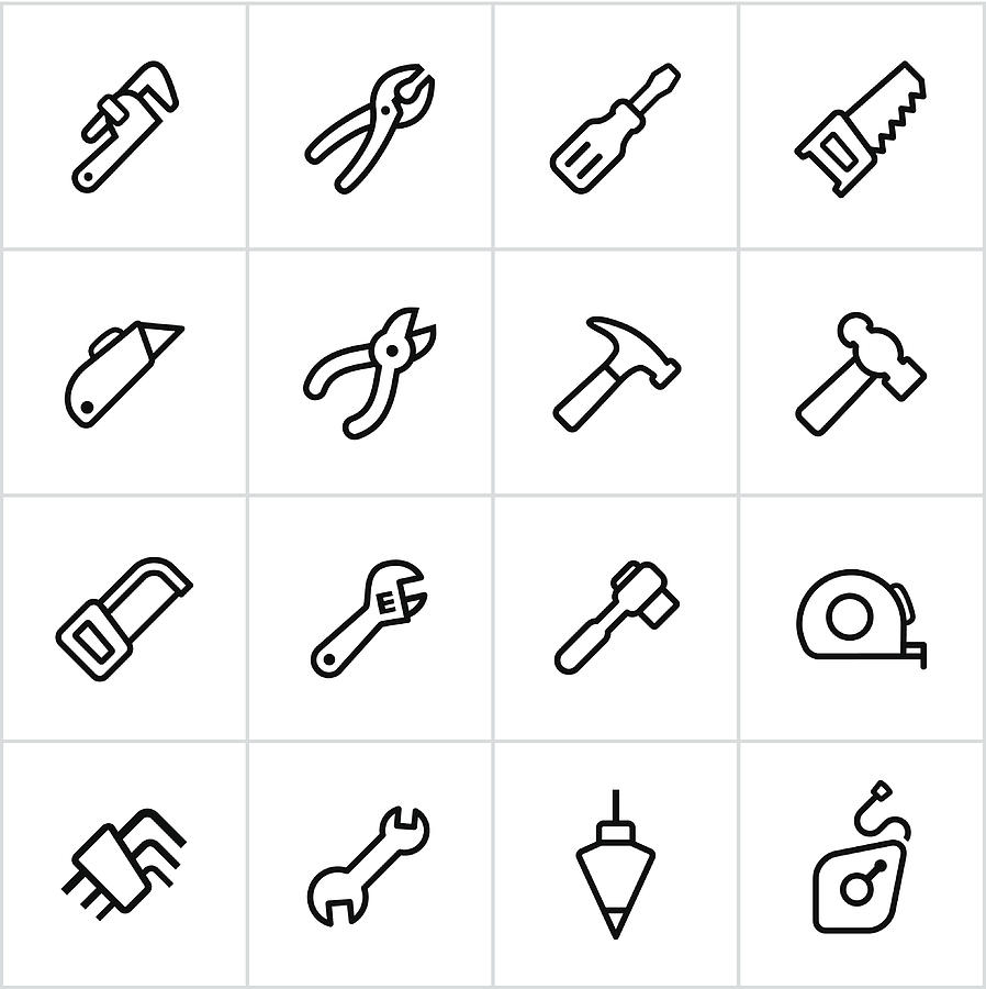 Black Tool Icons - Line Style Drawing by Appleuzr