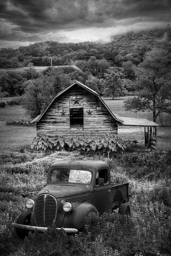 Black Truck in Early Autumn Fields Black and White Photograph by Debra and Dave Vanderlaan