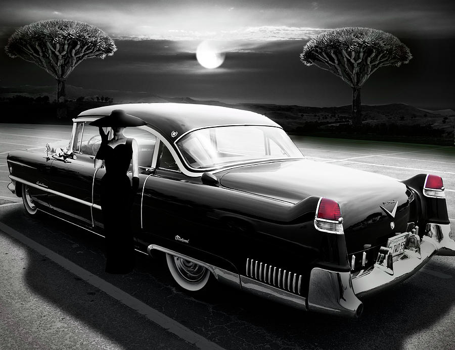 Tree Photograph - Black Vintage Cadillac With The Full Moon by Larry Butterworth