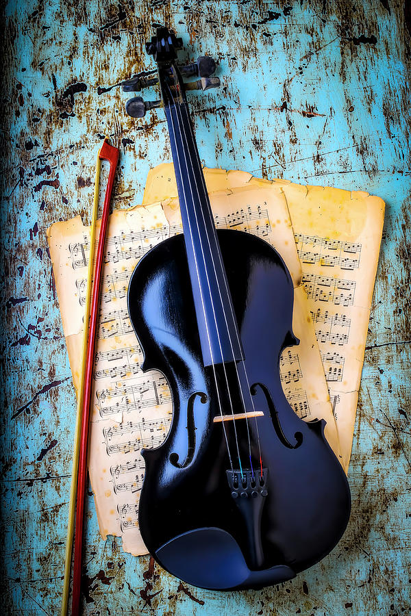 Black Violin On Old Blue Table Photograph by Garry Gay - Fine Art