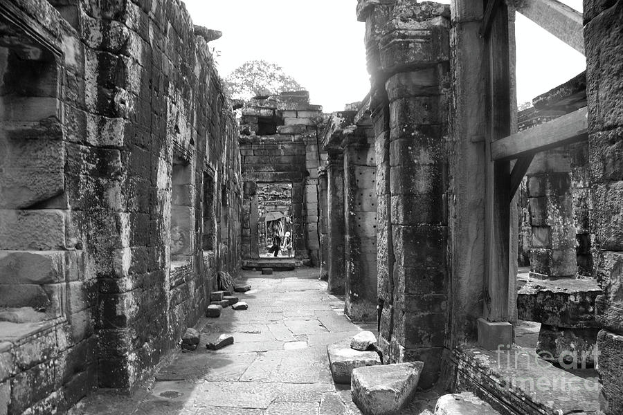 Black White 12th century Temples Ta Prohm Asia Woman Umbrella  Photograph by Chuck Kuhn