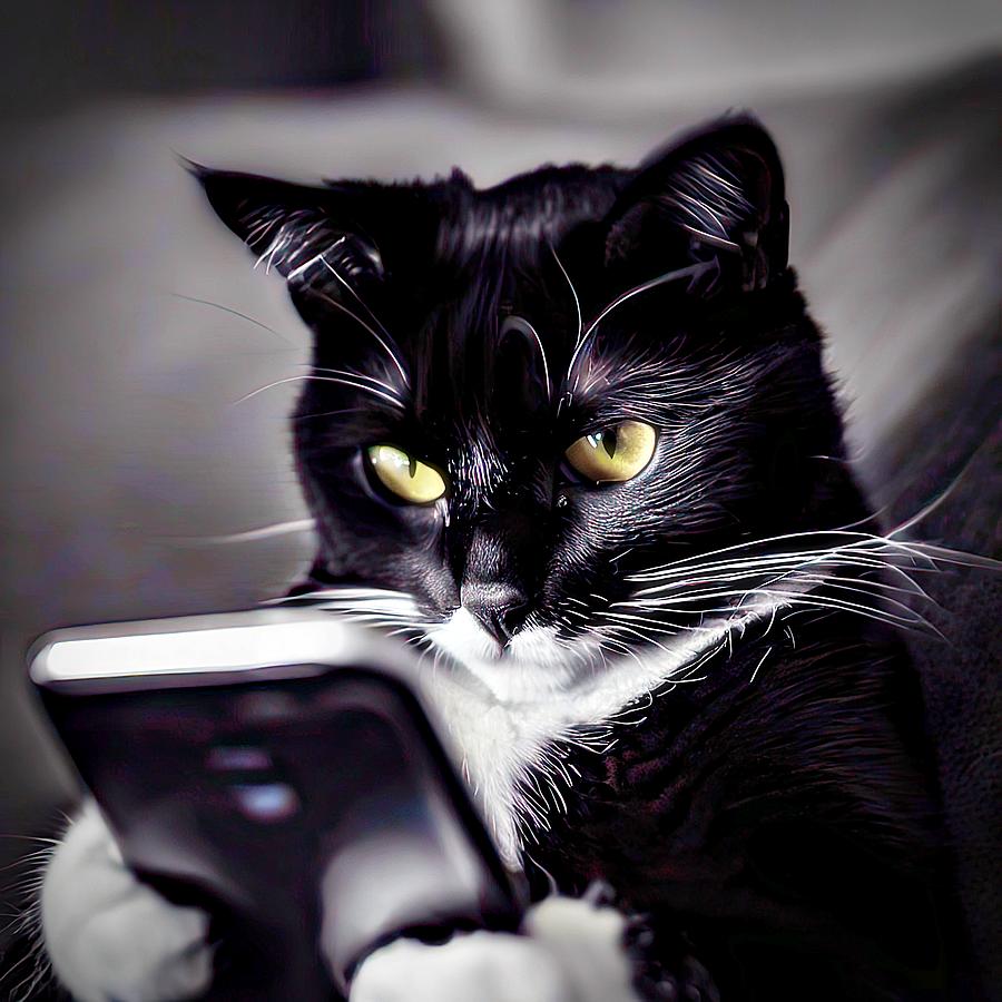 Black White Cat on a Smartphone Digital Art by David Manlove