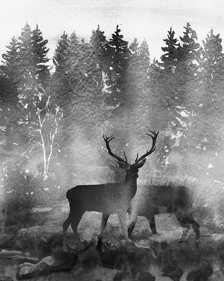 Black White Grey Morning Deer Bucks Watercolor Silhouette Forest Painting