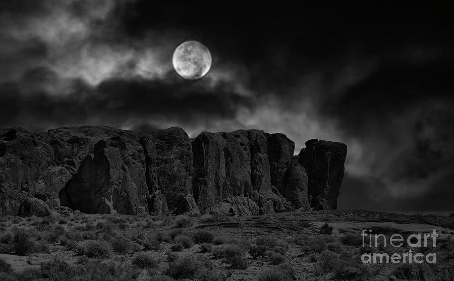 Nature Photograph - Black White Moon Clouds Overton Nevada Valley of Fire  by Chuck Kuhn