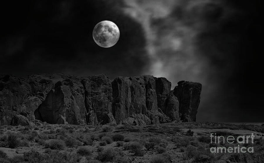 Nature Photograph - Black White Moon over Pillars Valley of Fire Night  by Chuck Kuhn