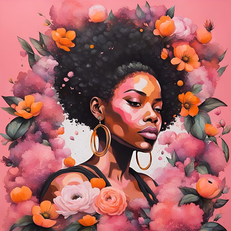 Black Woman and Pink Flowers Digital Art by Judi Suni Hall