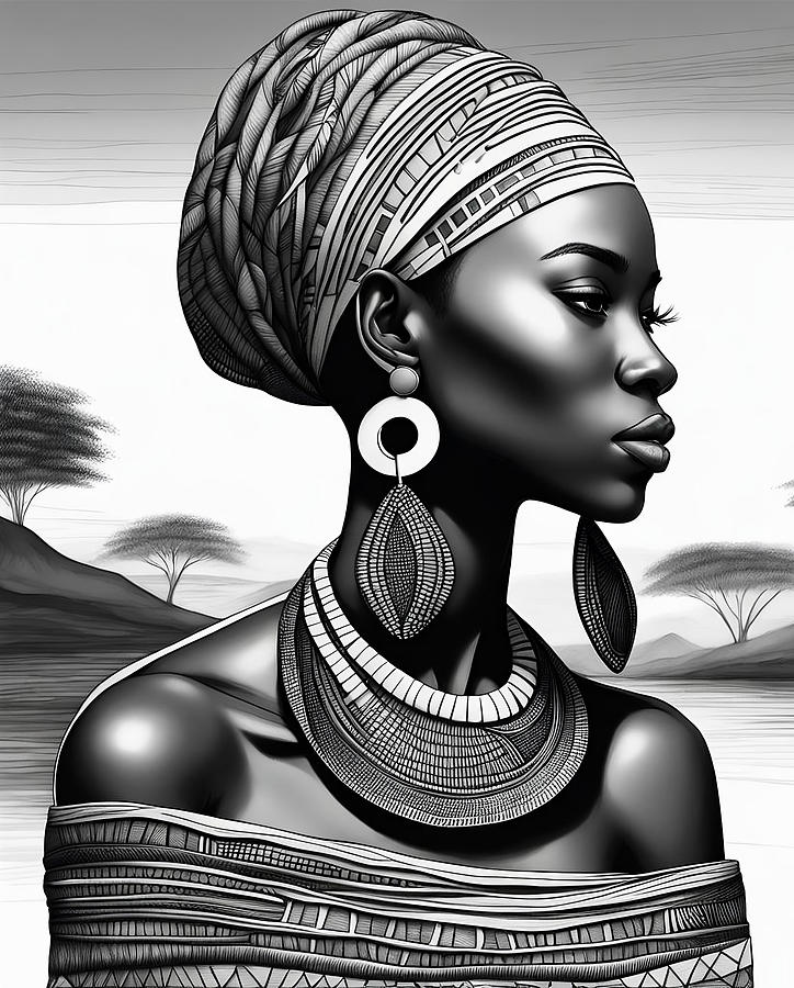 Black And White Drawing - Black Woman Silhouette. Black Lives Matter . African American Woman, Jewelry Fashion by Mounir Khalfouf