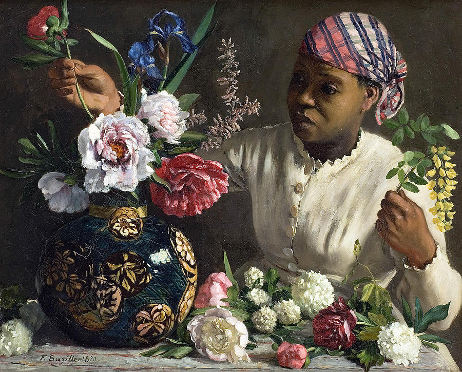 Elegance Painting - Black Woman with Peonies  by Frederic Bazille