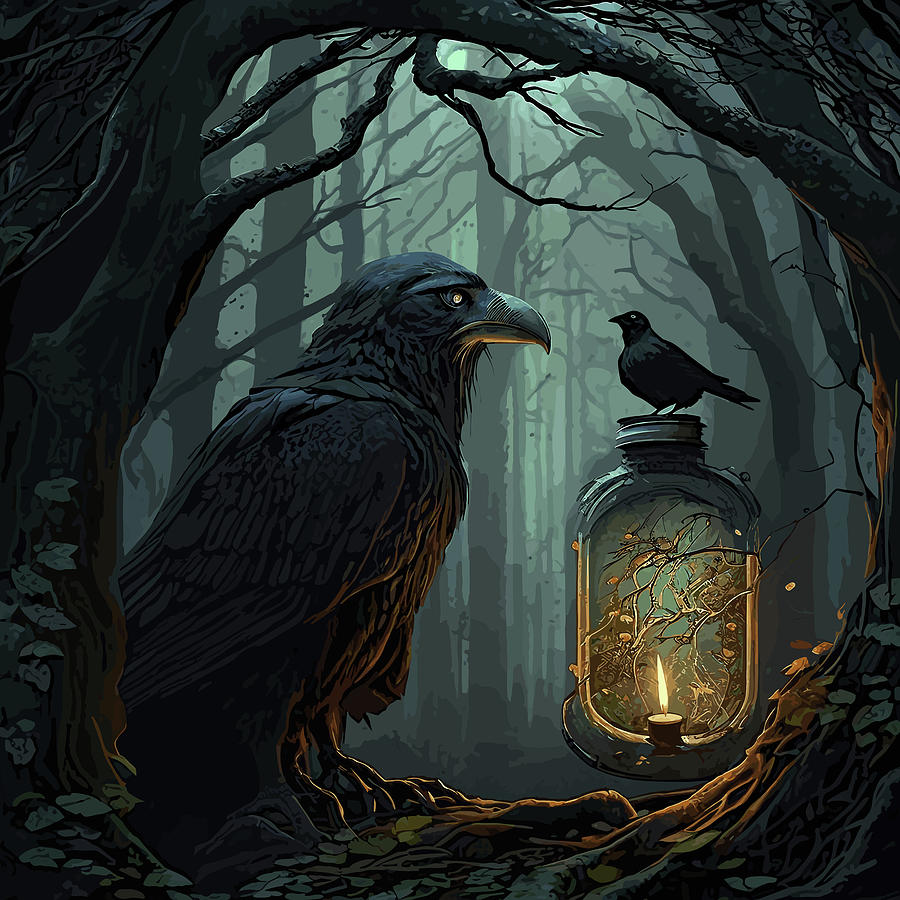 Blackbird and crow plot together in forest Digital Art by Jim Brey - Pixels