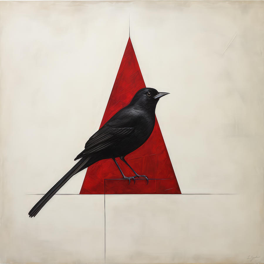 Cardinal Painting - Blackbird on a Triangle of Red by Lourry Legarde