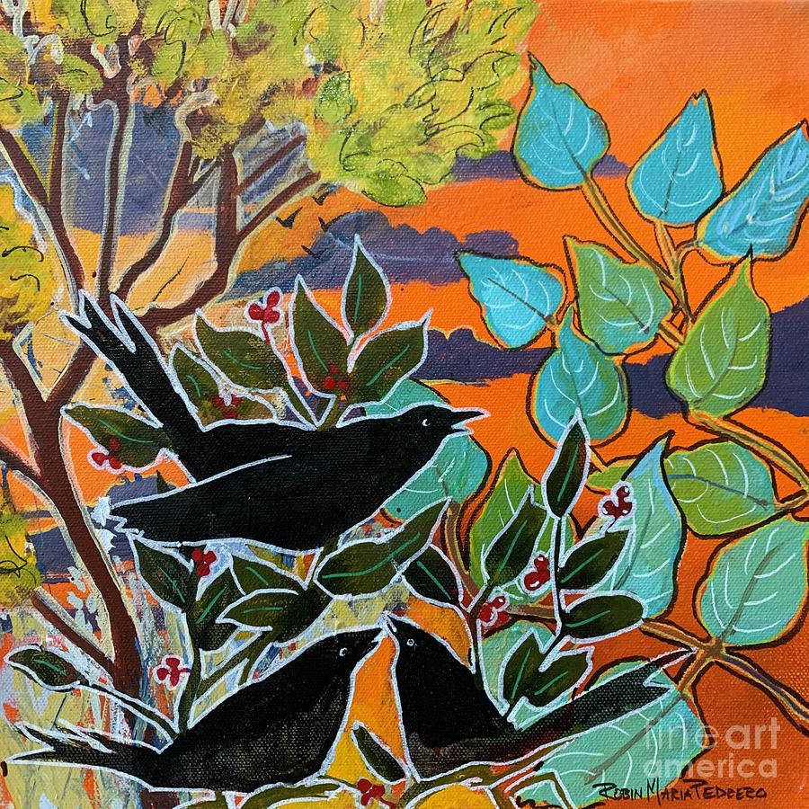 Blackbirds at Sunset Painting by Robin Pedrero