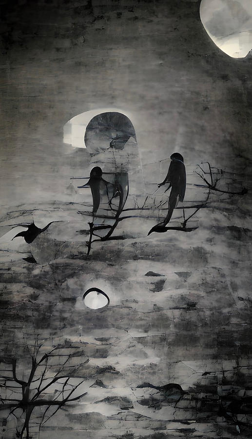 Blackbirds In Moonlight Digital Art by Vennie Kocsis