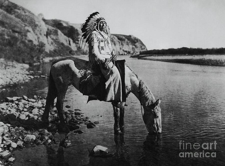 Black And White Photograph - Blackfoot Horseman  At Bow River     Black and White    Edward S Curtis Image by Rory Cubel