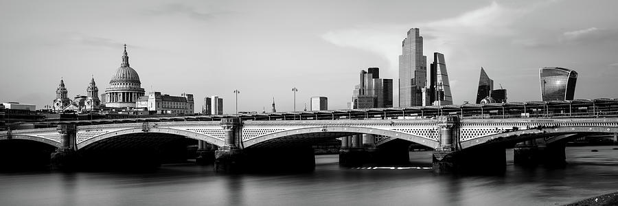 Blackfriars Bridge and the London City Skyline Black and White Photograph by Sonny Ryse