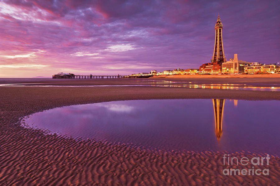 Blackpool Tower and beach at sunset, Lancashire, England Photograph by Neale And Judith Clark
