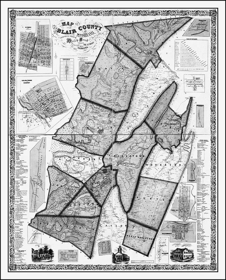 Pennsylvania Map Photograph - Blair County Pennsylvania Vintage Map 1859 Black and White  by Carol Japp