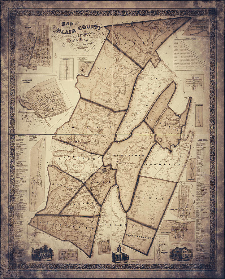 Pennsylvania Map Photograph - Blair County Pennsylvania Vintage Map 1859 Sepia  by Carol Japp