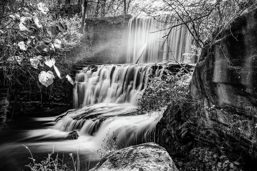 Black And White Photograph - Blanchard Springs Waterfall Below Mirror Lake - Black and White Edition by Gregory Ballos