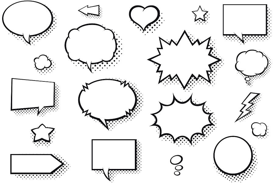 Blank comic books speech bubbles. Black and white speech balloons with halftone pattern shadows Drawing by Stefan_Alfonso