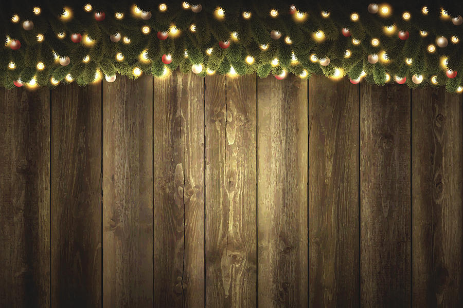 Blank Wooden Background with bright Christmas garland Drawing by Bgblue