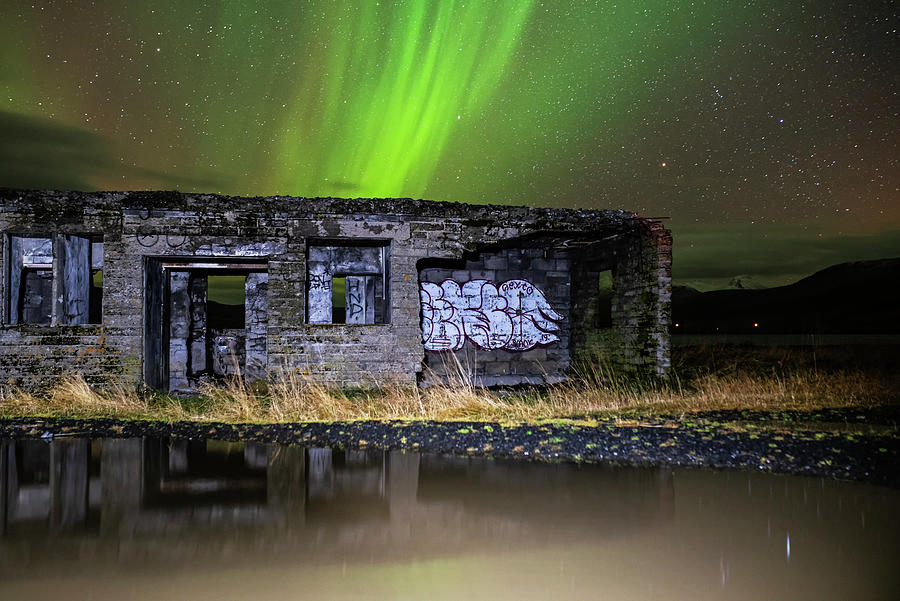 Blasting Aurora Hvalfjordur Old Ruins Hvitanes Iceland Photograph by Toby McGuire