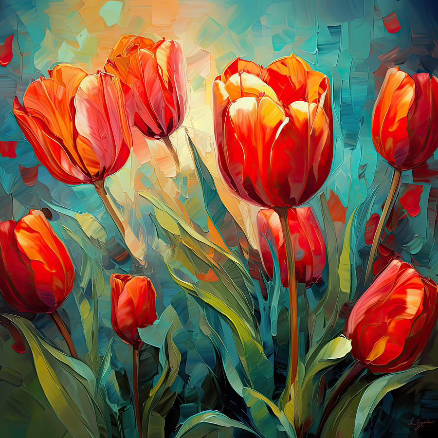 Blaze of Orange and Red - Red and Orange Tulips Digital Art by Lourry Legarde