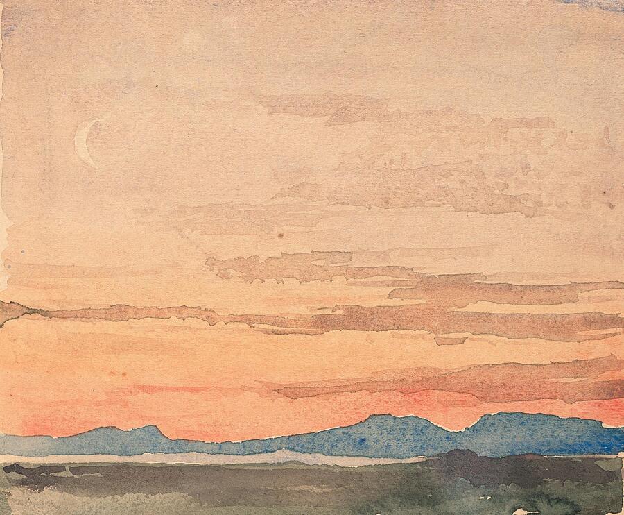 Sunset Painting - Blick auf das Nordostende des Neuenburger Sees von Ins aus bei Abenddammerung  by Albert Anker Swiss